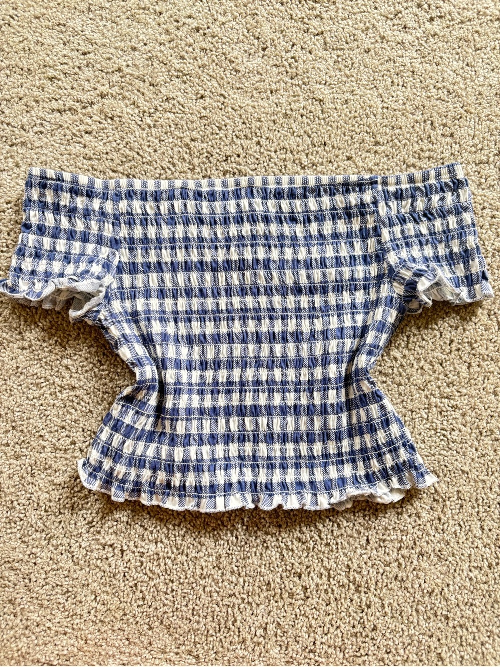 Smocked Off-Shoulder Blue and White Gingham Crop Top